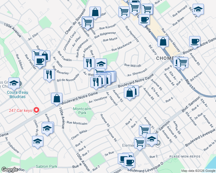 map of restaurants, bars, coffee shops, grocery stores, and more near 4343 Boulevard Notre-Dame in Laval