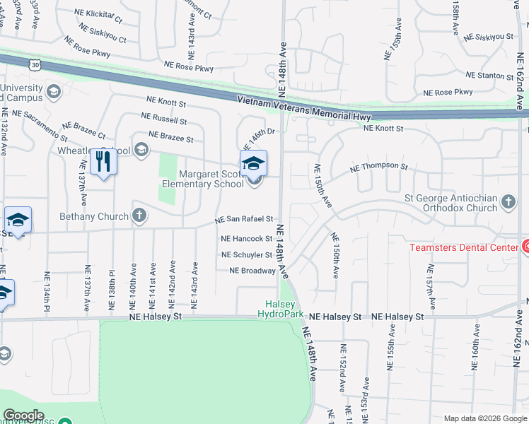 map of restaurants, bars, coffee shops, grocery stores, and more near 2225 Northeast 148th Avenue in Portland