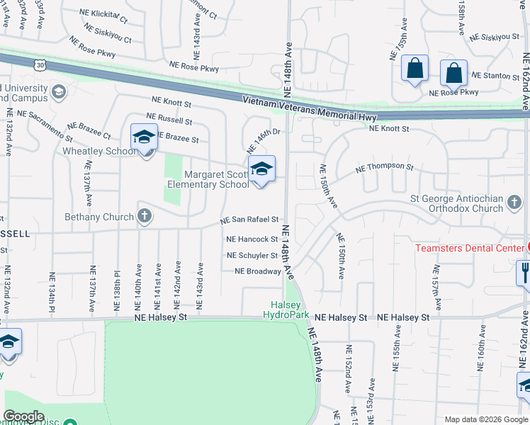map of restaurants, bars, coffee shops, grocery stores, and more near 2225 Northeast 148th Avenue in Portland