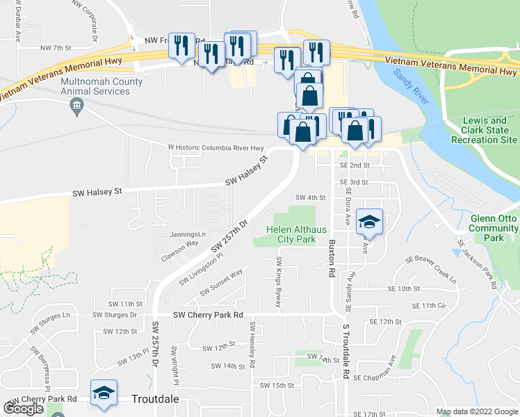 map of restaurants, bars, coffee shops, grocery stores, and more near 540 Southwest 257th Drive in Troutdale