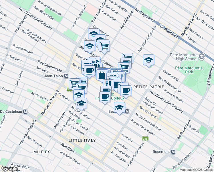 map of restaurants, bars, coffee shops, grocery stores, and more near 6766 Rue Saint-Hubert in Montreal