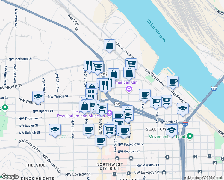 map of restaurants, bars, coffee shops, grocery stores, and more near 2202 Northwest Roosevelt Street in Portland