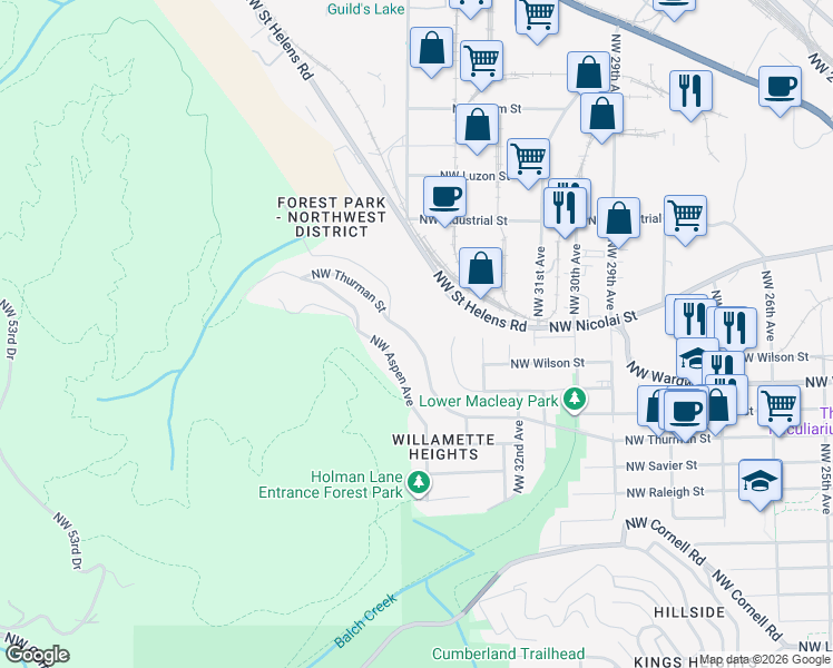 map of restaurants, bars, coffee shops, grocery stores, and more near 3469 Northwest Thurman Street in Portland