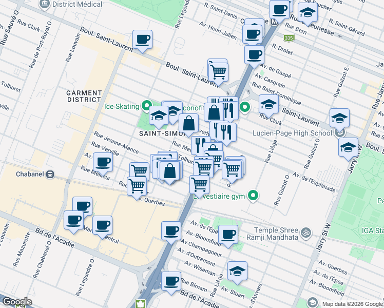 map of restaurants, bars, coffee shops, grocery stores, and more near 8772 Rue Meunier in Montréal