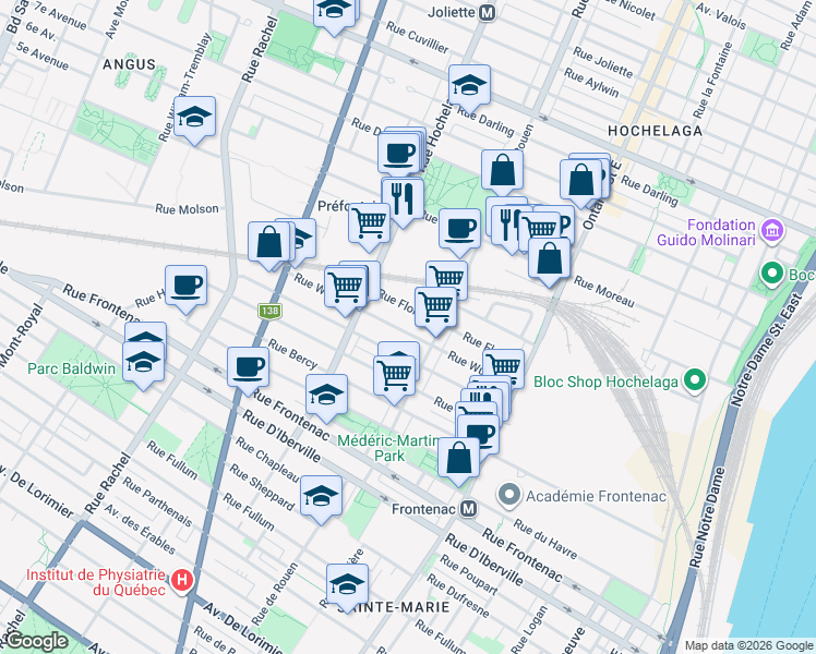 map of restaurants, bars, coffee shops, grocery stores, and more near 2309 Rue Wurtele in Montréal