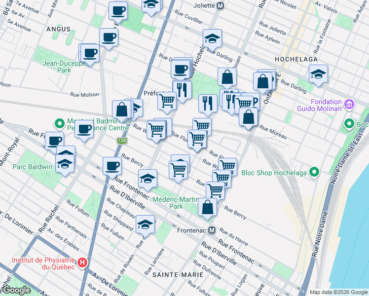 map of restaurants, bars, coffee shops, grocery stores, and more near 2309 Rue Wurtele in Montréal