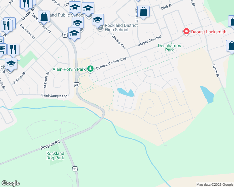 map of restaurants, bars, coffee shops, grocery stores, and more near 300 Zircon Street in Clarence-Rockland