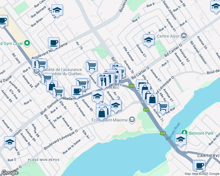 map of restaurants, bars, coffee shops, grocery stores, and more near 411 Boulevard du Curé-Labelle in Laval