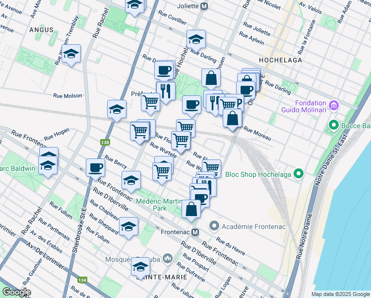 map of restaurants, bars, coffee shops, grocery stores, and more near 2231 Rue Florian in Montreal