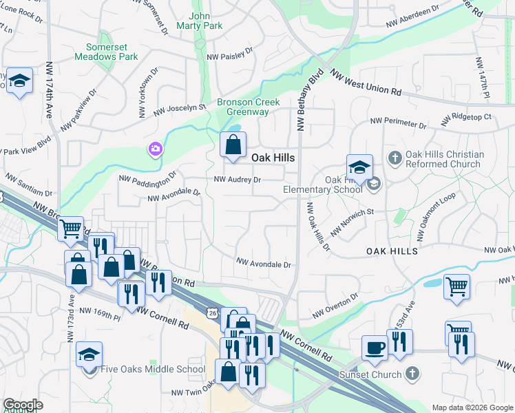 map of restaurants, bars, coffee shops, grocery stores, and more near 16097 Northwest Oak Hills Drive in Beaverton