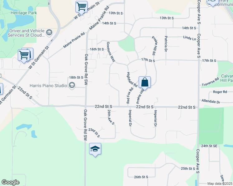 map of restaurants, bars, coffee shops, grocery stores, and more near 2001 Shannon Drive in St. Cloud