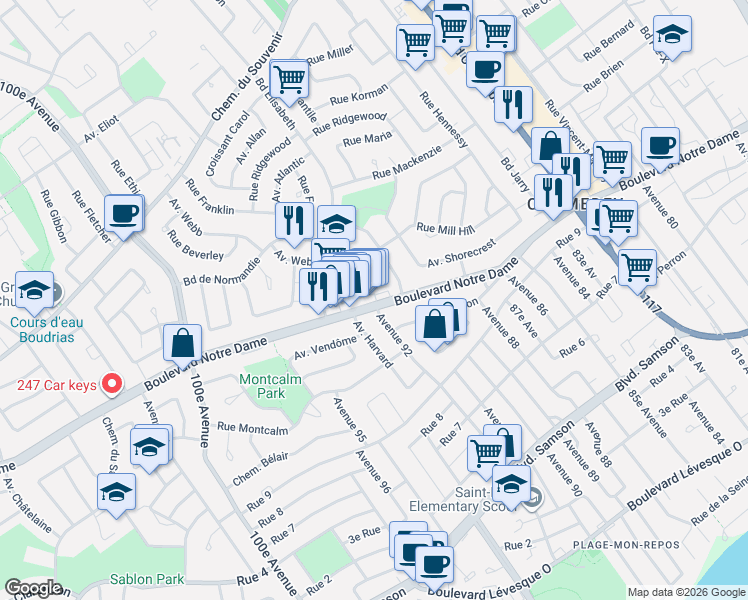 map of restaurants, bars, coffee shops, grocery stores, and more near 4309 Boulevard Notre-Dame in Laval