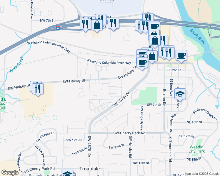 map of restaurants, bars, coffee shops, grocery stores, and more near 1020 Southwest Halsey Street in Troutdale