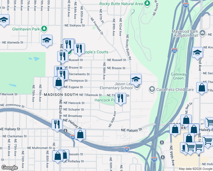 map of restaurants, bars, coffee shops, grocery stores, and more near 2225 Northeast 88th Avenue in Portland