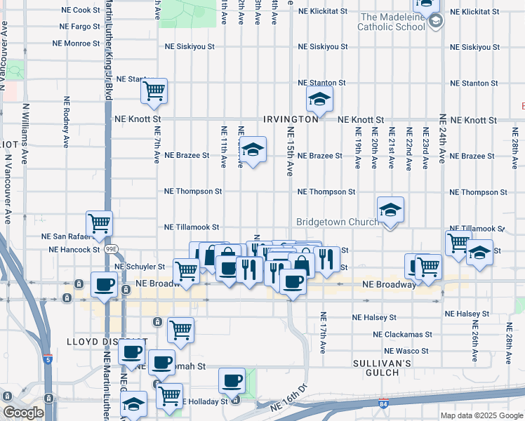 map of restaurants, bars, coffee shops, grocery stores, and more near 2212 Northeast 13th Avenue in Portland