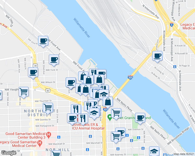 map of restaurants, bars, coffee shops, grocery stores, and more near in Portland
