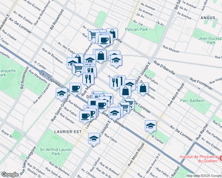 map of restaurants, bars, coffee shops, grocery stores, and more near 5146 Avenue De Lorimier in Montréal
