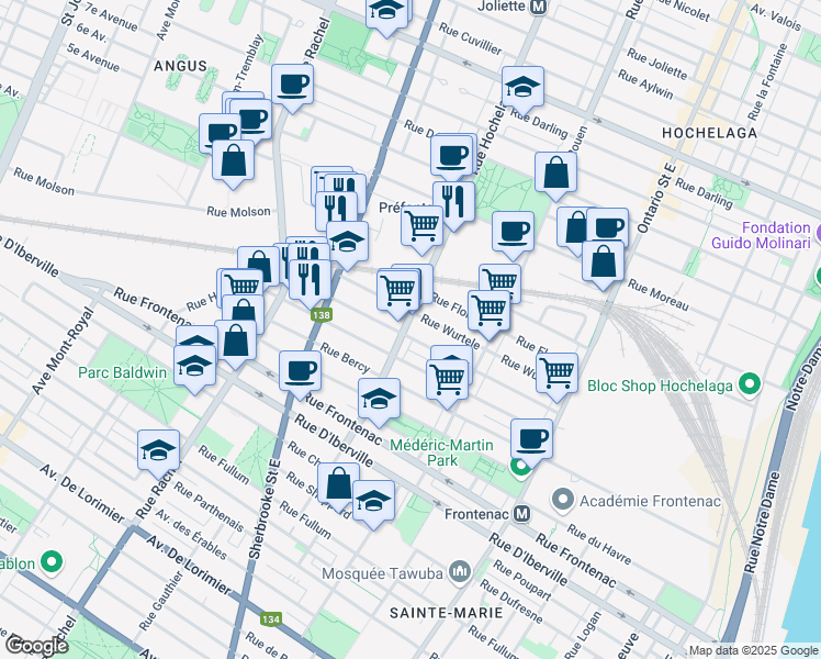 map of restaurants, bars, coffee shops, grocery stores, and more near 2814 Rue Hochelaga in Montréal