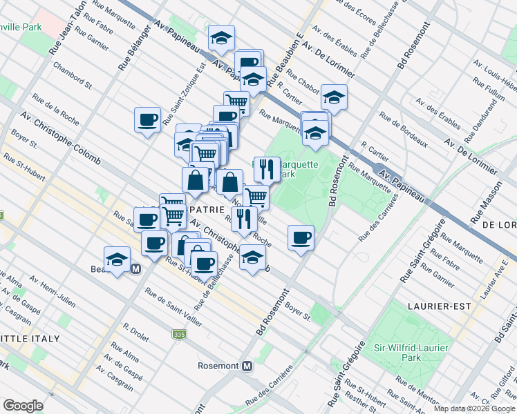 map of restaurants, bars, coffee shops, grocery stores, and more near 1277 Rue de Bellechasse in Montréal