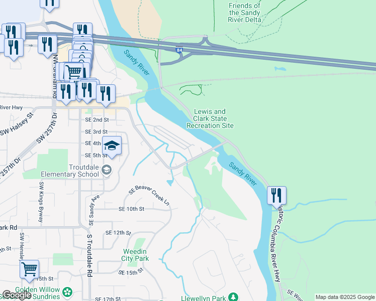 map of restaurants, bars, coffee shops, grocery stores, and more near 1097 East Historic Columbia River Highway in Troutdale