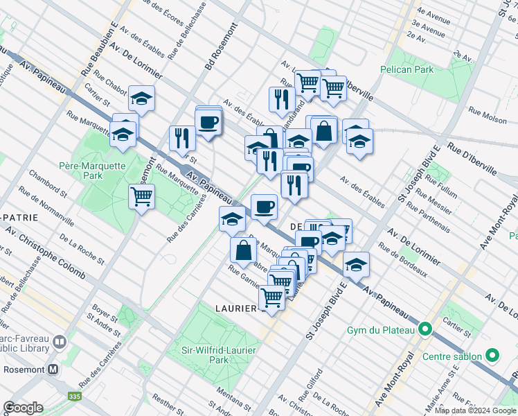map of restaurants, bars, coffee shops, grocery stores, and more near 5529 Avenue Papineau in Montréal