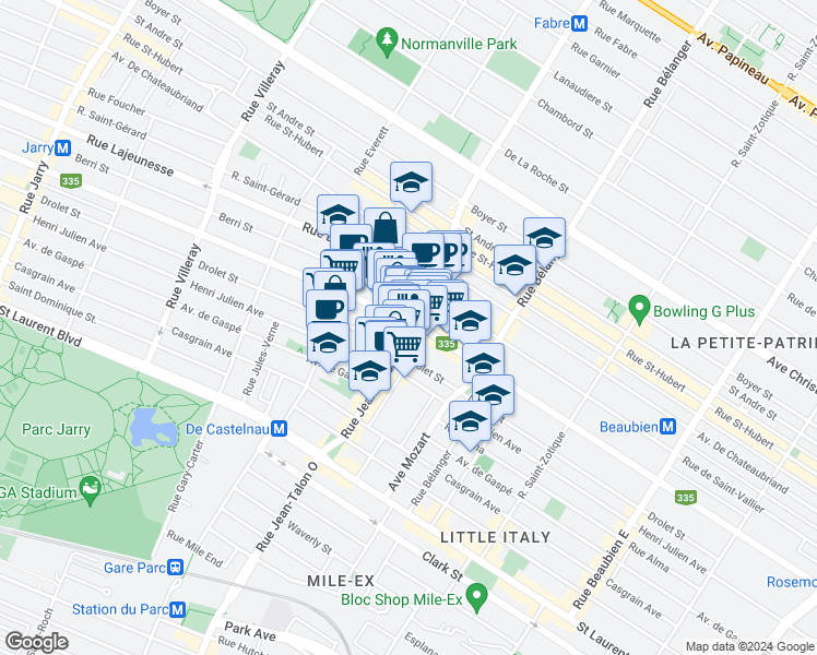 map of restaurants, bars, coffee shops, grocery stores, and more near in Montreal