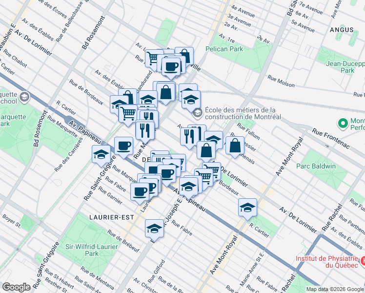 map of restaurants, bars, coffee shops, grocery stores, and more near 5146 Avenue De Lorimier in Montréal