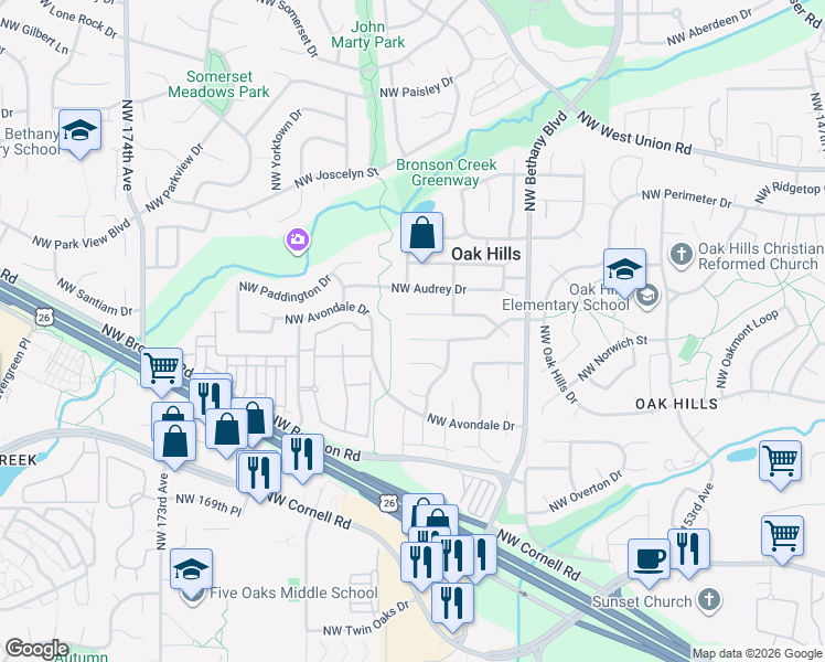 map of restaurants, bars, coffee shops, grocery stores, and more near 16330 Northwest Lyndel Lane in Beaverton