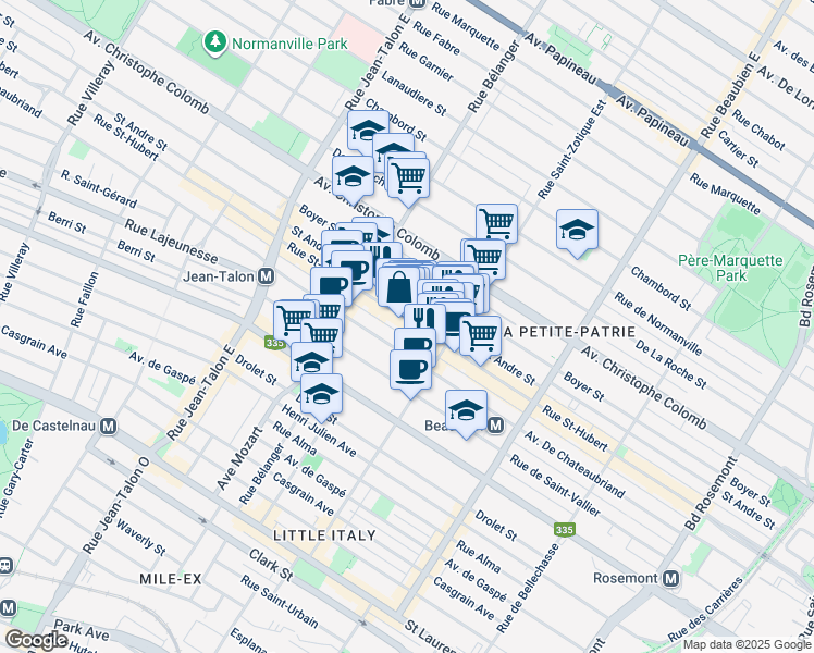 map of restaurants, bars, coffee shops, grocery stores, and more near 6796 Rue Saint-Hubert in Montréal