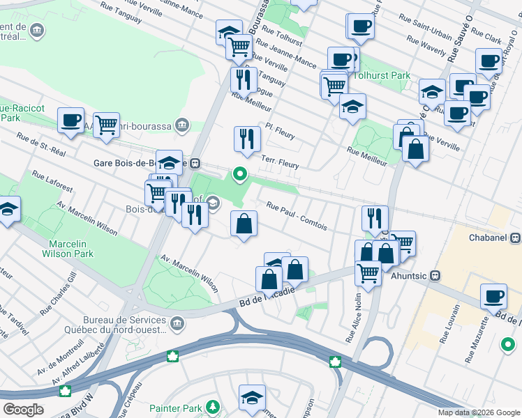 map of restaurants, bars, coffee shops, grocery stores, and more near 10332 Rue Paul Comtois in Montréal