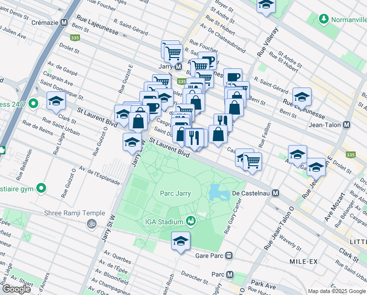 map of restaurants, bars, coffee shops, grocery stores, and more near in Montreal