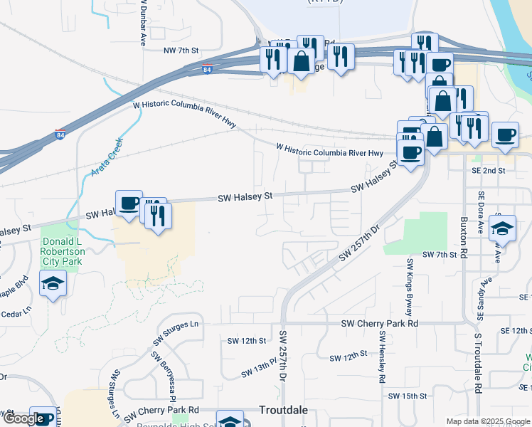 map of restaurants, bars, coffee shops, grocery stores, and more near 1324 Southwest Edgefield Meadows Terrace in Troutdale