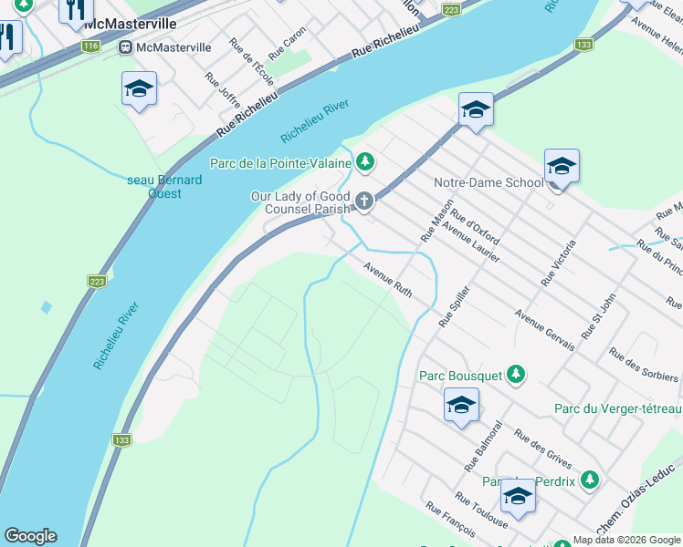 map of restaurants, bars, coffee shops, grocery stores, and more near 299 Rue Vigneault in Otterburn Park