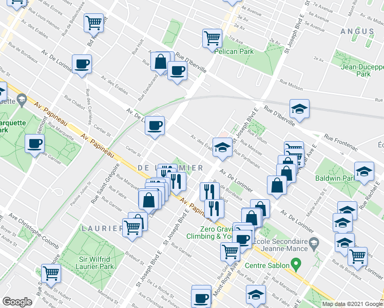 map of restaurants, bars, coffee shops, grocery stores, and more near 5140 Avenue De Lorimier in Montréal