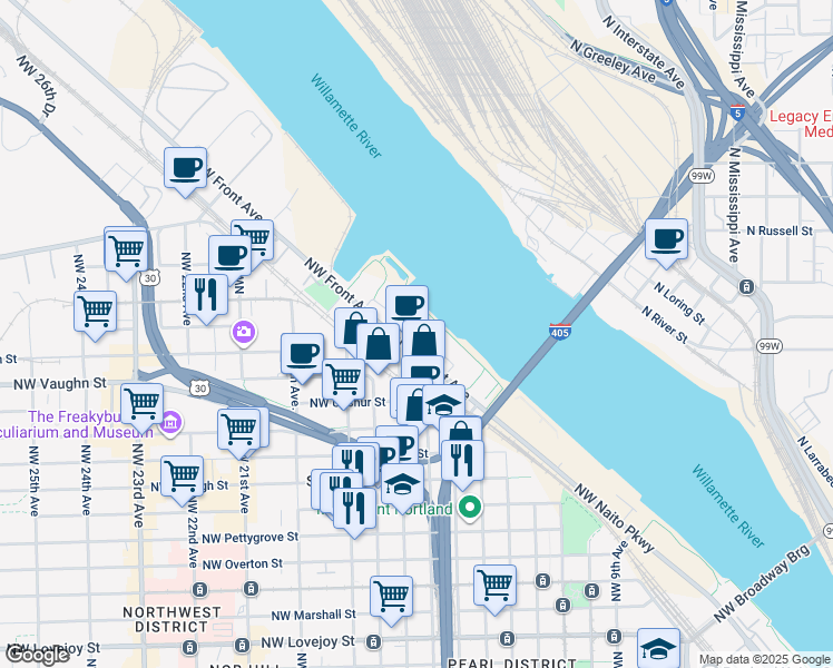 map of restaurants, bars, coffee shops, grocery stores, and more near in Portland