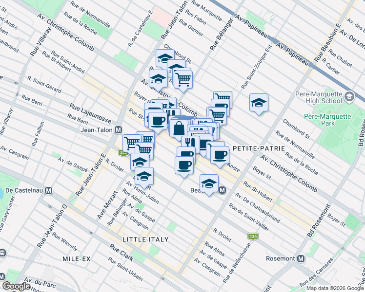 map of restaurants, bars, coffee shops, grocery stores, and more near 6796 Rue Saint-Hubert in Montréal