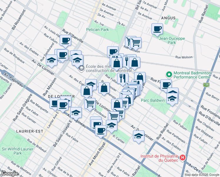 map of restaurants, bars, coffee shops, grocery stores, and more near 4782 Rue Messier in Montréal