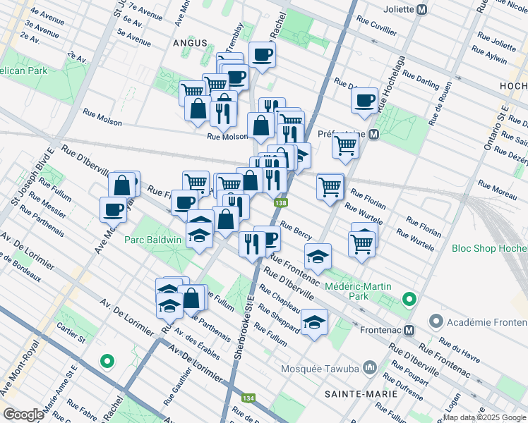 map of restaurants, bars, coffee shops, grocery stores, and more near 3423 Rue Bercy in Montréal