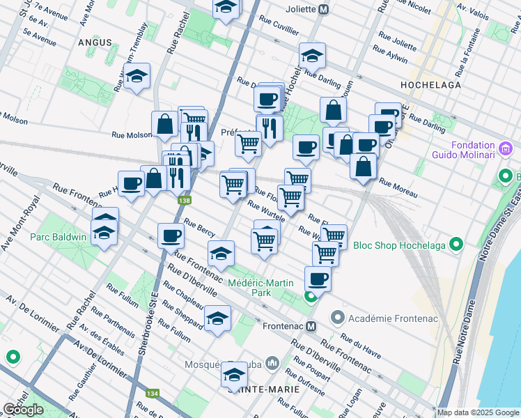 map of restaurants, bars, coffee shops, grocery stores, and more near 2348 Rue Wurtele in Montreal