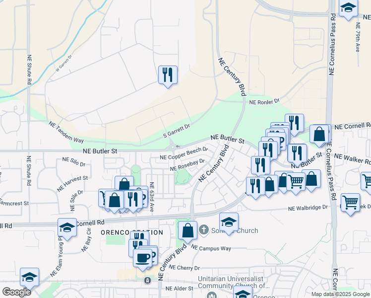 map of restaurants, bars, coffee shops, grocery stores, and more near 6569 Northeast Copper Beech Drive in Hillsboro