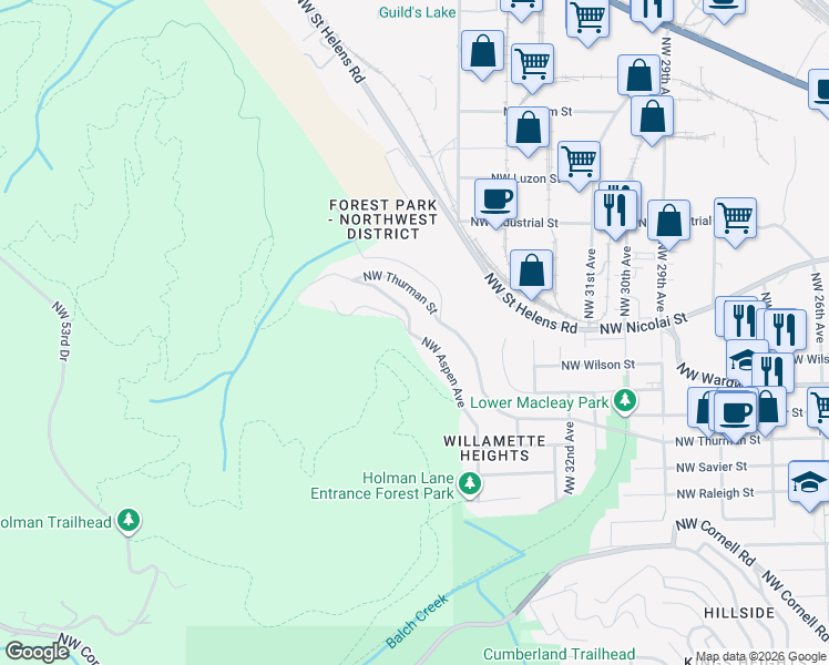 map of restaurants, bars, coffee shops, grocery stores, and more near 2230 Northwest Aspen Avenue in Portland