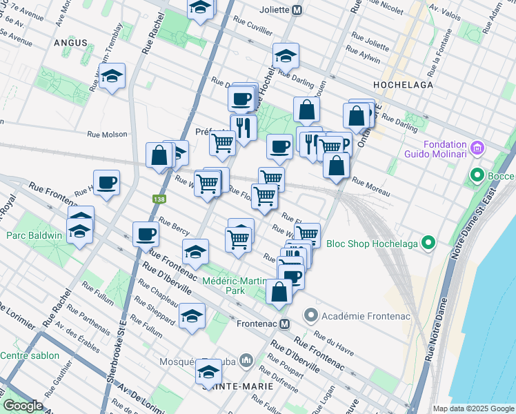 map of restaurants, bars, coffee shops, grocery stores, and more near 2260 Rue Florian in Montréal