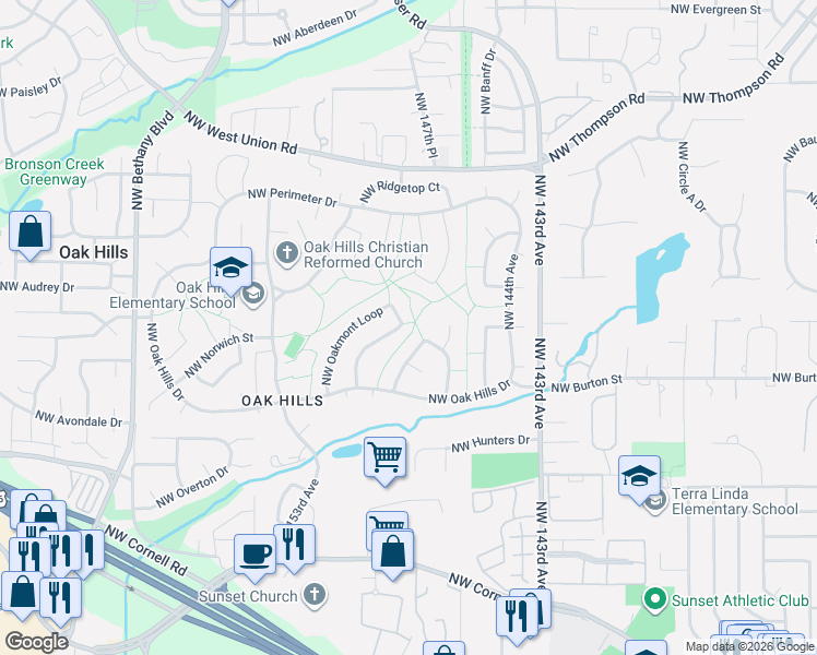map of restaurants, bars, coffee shops, grocery stores, and more near 15051 Northwest Oakmont Loop in Beaverton
