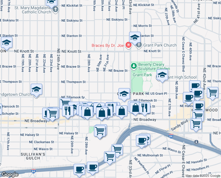 map of restaurants, bars, coffee shops, grocery stores, and more near 2223 Northeast 32nd Avenue in Portland