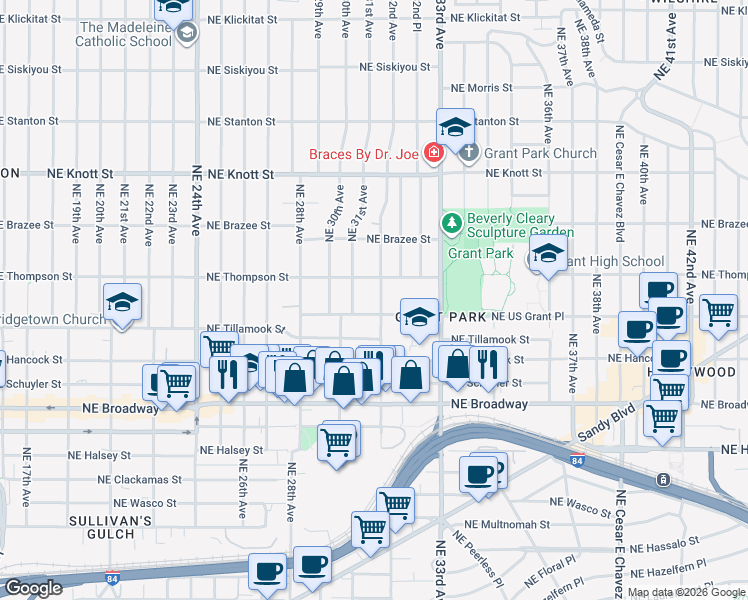 map of restaurants, bars, coffee shops, grocery stores, and more near 2223 Northeast 32nd Avenue in Portland
