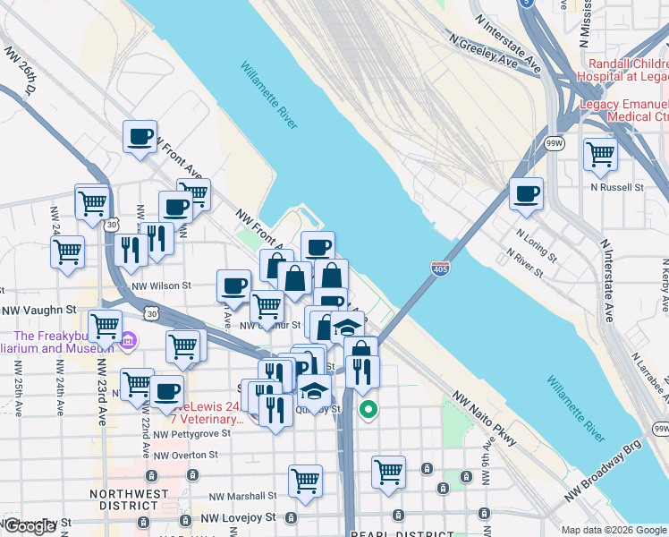 map of restaurants, bars, coffee shops, grocery stores, and more near 1660 Northwest Riverscape Street in Portland
