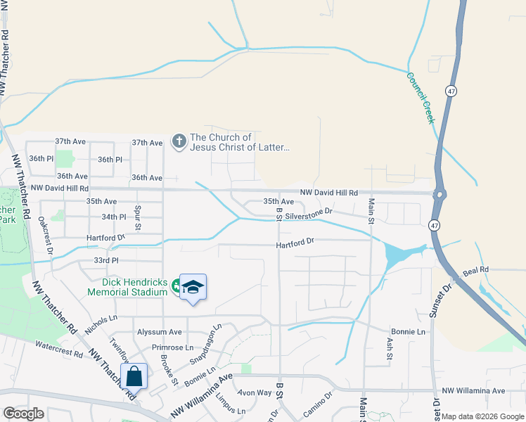 map of restaurants, bars, coffee shops, grocery stores, and more near 1720 35th Avenue in Forest Grove