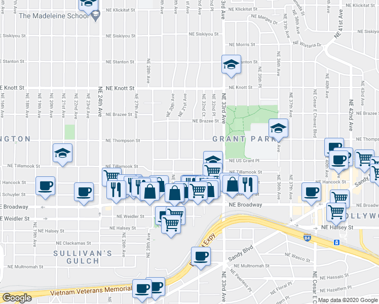 map of restaurants, bars, coffee shops, grocery stores, and more near 2223 Northeast 32nd Avenue in Portland