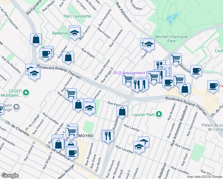 map of restaurants, bars, coffee shops, grocery stores, and more near Boulevard Roland-Therrien in Longueuil