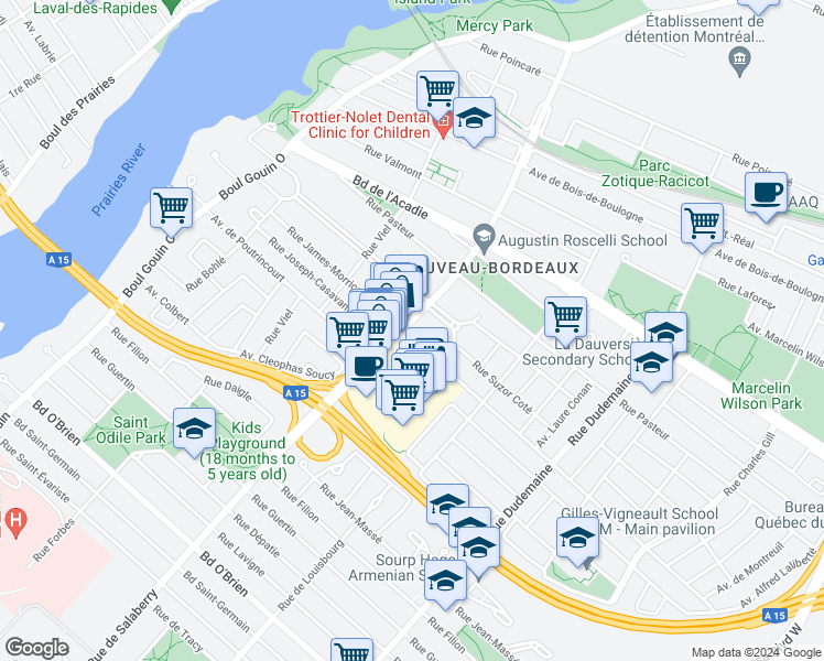 map of restaurants, bars, coffee shops, grocery stores, and more near 2490 Rue de Salaberry in Montréal